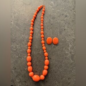 Vintage Bold Orange Beaded Necklace and Clip Earrings Set